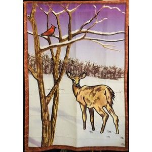 VTG Nylon Deer Fawn Cardinal Large House Porch Lawn Flag Banner approx 27”x 38”